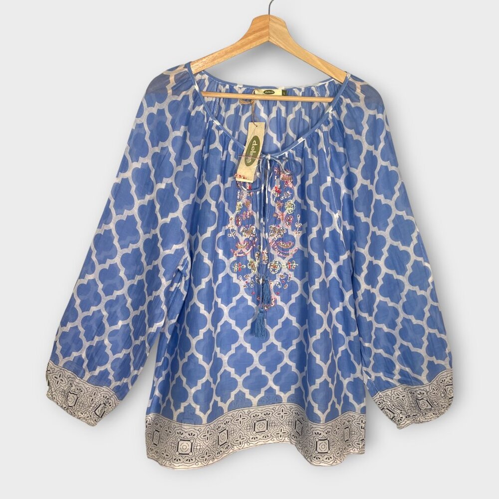 Dolma Artisan Beaded Popover Top LARGE 100% Cotton Resortwear Travel